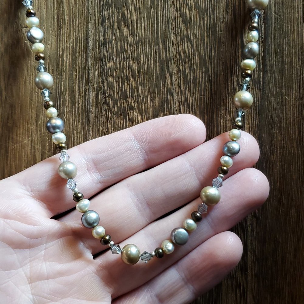 18 Inch 925 Sterling Silver Cream And Silver Genuine Pearls Necklace